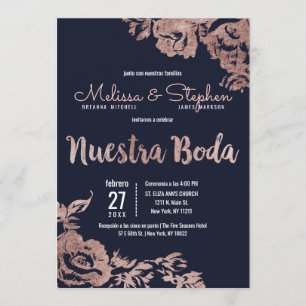 Convite Marinho Azul Rosa Dourado Floral Casamento Espanho