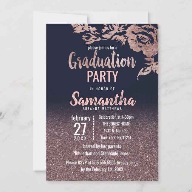 Convite Marinho Azul Rosa Dourado Graduação Floral com Lev (Frente)