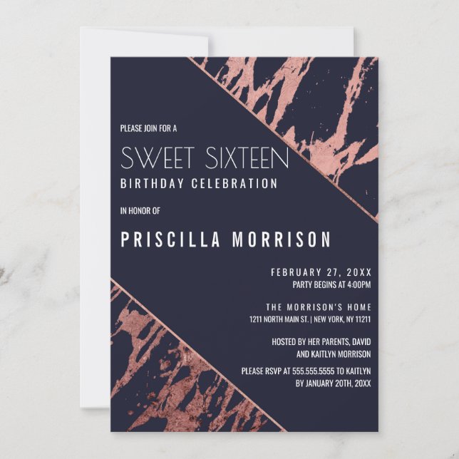 Convite Marinho azul Rosa Dourado mármore doce 16 (Frente)