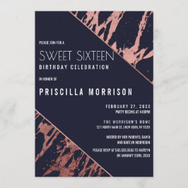 Convite Marinho azul Rosa Dourado mármore doce 16