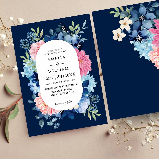 Convite Marinho azul rosa flores aquarela floral Casamento (Criador carregado)