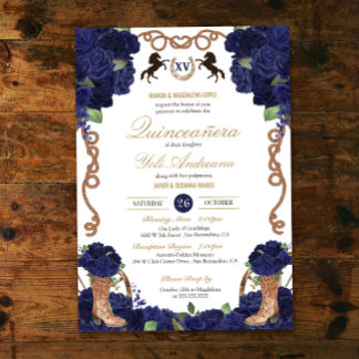 Convite Marinho Azul Rosa Ocidental Charro Quinceañera