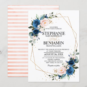 Convite Marinho Azul, Rosa Rosa Rosa Boho Casamento Geomé