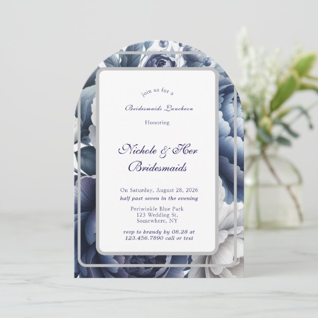Convite Marinho Azul Rosas Brancas Bridesmaids Almoço (Em pé/Frente)
