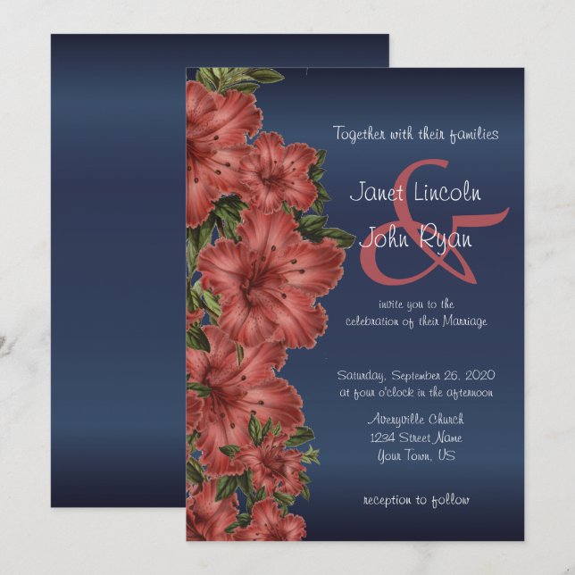 Convite Marinho Azul & Rustic Red Floral Casamentos (Frente/Verso)