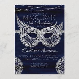 Convite Marinho Azul Silver Glitter Lace Mascarada de Aniv