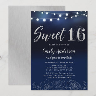 Convite Marinho Azul Silver String Luzes Floral Doce 16