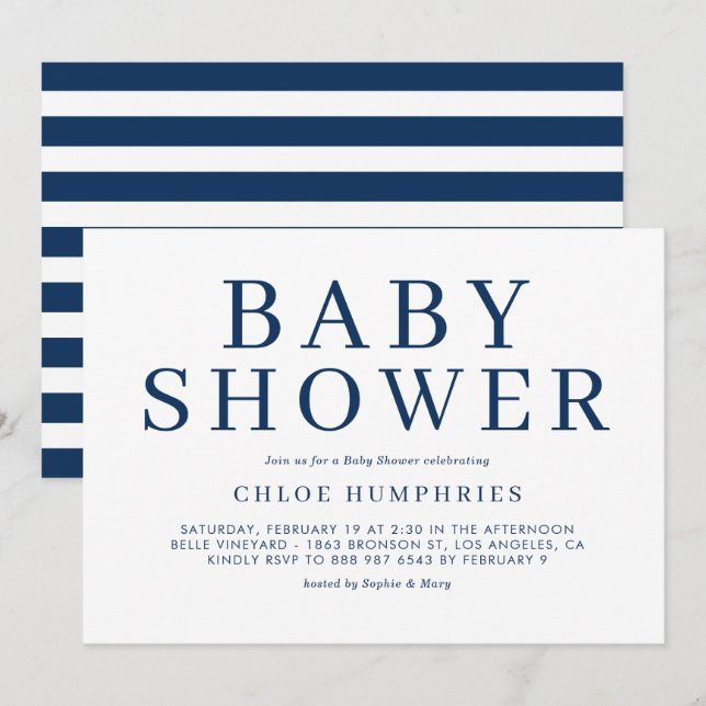 Convite Marinho Azul Simples Tipografia  Chá de fraldas St (Frente/Verso)