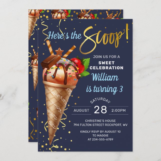 Convite Marinho Azul Sorvete de chocolate doce Aniversário (Frente/Verso)