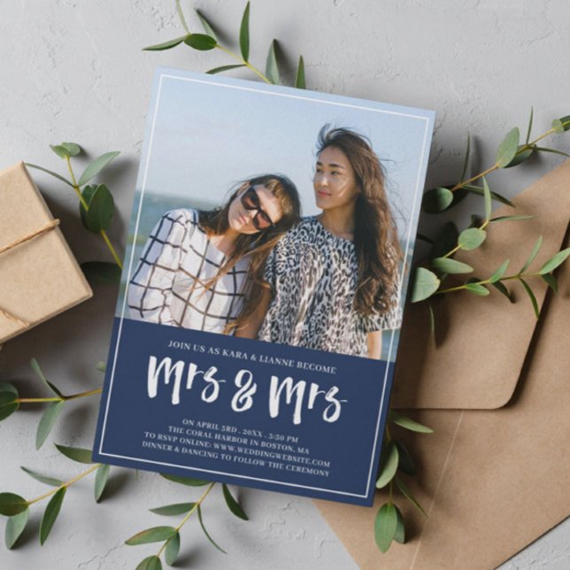 Convite Marinho Azul Sra. Brush Script Wedding (Criador carregado)