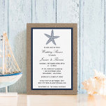 Convite Marinho Azul-Starfish No Chá De Casamento De Burla<br><div class="desc">Estes marinhos de estrelas azuis nos convites para chás de casamento da praia de burlap farão o anúncio perfeito para qualquer noiva e noiva ser! A design apresenta um lindo fundo de efeito de burlap rustico com um marinho azul de estrelas-do-mar giro. Esses convites podem ser personalizados para sua ocasião...</div>