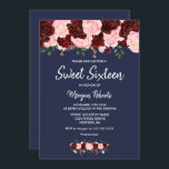 Convite Marinho Azul-Sweet 16 Azul-Rosa Blush Burgundy<br><div class="desc">Marinho azul-Rosa azul-brilhante 16,  doce-azul,  cor-de-rosa-rosa e borgonha,  -de-vidro-rosa,  florais de cor-de-rosa-rosa e de vinho,  flores de aquarela pintadas à mão,  cor-de-rosa-suave e bolso</div>