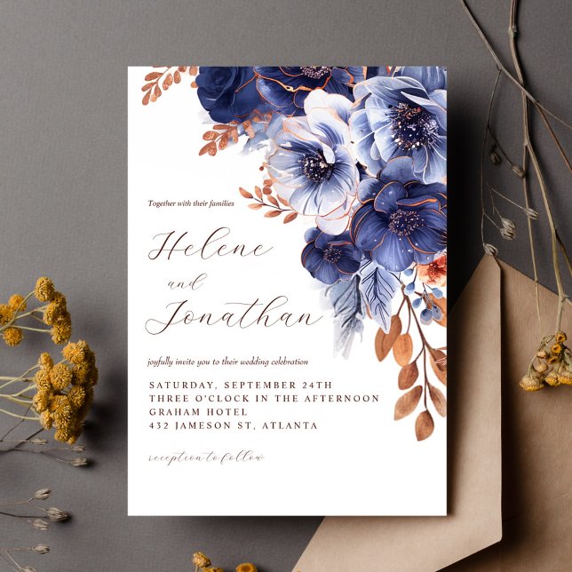 Convite Marinho Azul Terracotta Rust Casamento Elegante Fl (Navy Blue Terracotta Rust Floral Elegant Wedding Invitation)