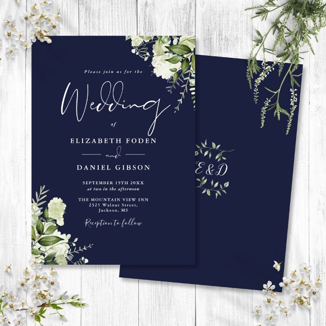 Convite Marinho Azul Verde Deixa Casamento Monograma (Navy Blue Greenery Leaves Monogram Wedding Invitation)