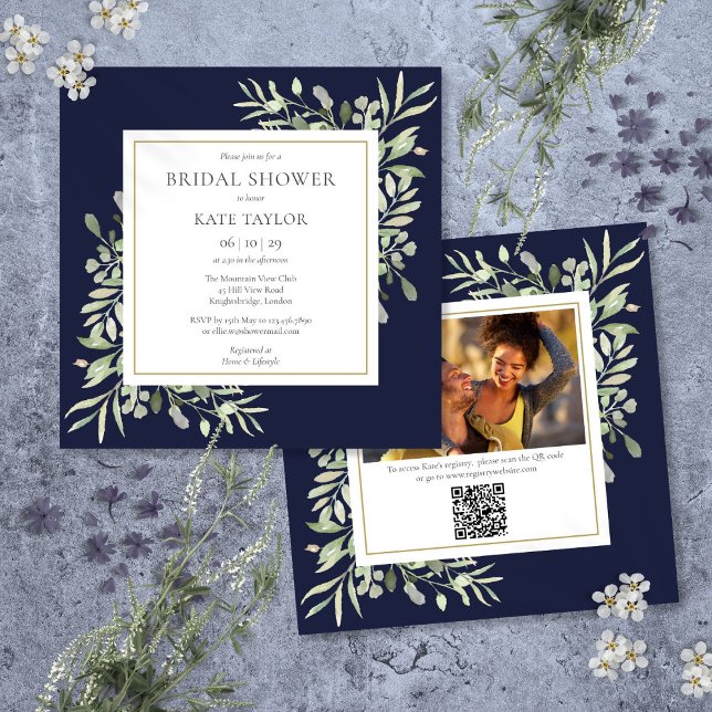 Convite Marinho Azul Verde Foto QR Chá de panela de Código (Navy Blue Greenery Photo QR Code Bridal Shower Invitation)