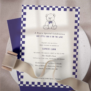 Convite Marinho Azul Verificado - Urso Teddy - Nosso Peque