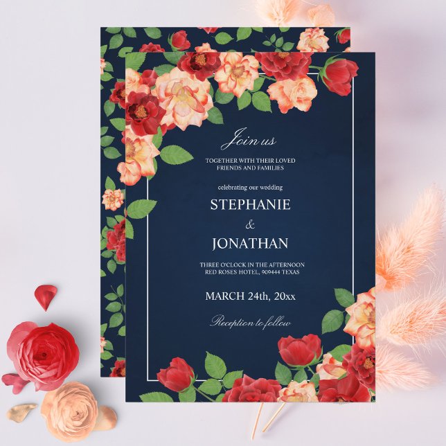 Convite Marinho Azul Vermelho e Rosas Laranja Queimados Ca (Navy Blue Red & Burnt Orange Roses Floral Wedding Invitation)