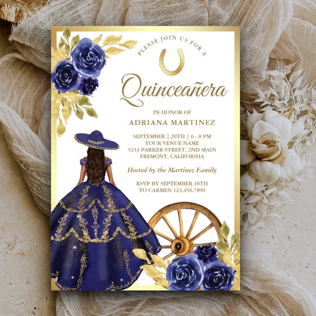 Convite Marinho Azul Vestido Floral Charro Dourado Quincea (Criador carregado)