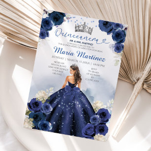 Convite Marinho Azul Vestido Princesa Prateada Quinceañera