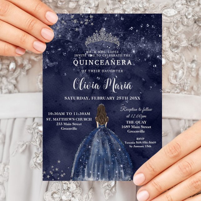 Convite Marinho Azul Vestido Silver Quinceañera (Criador carregado)