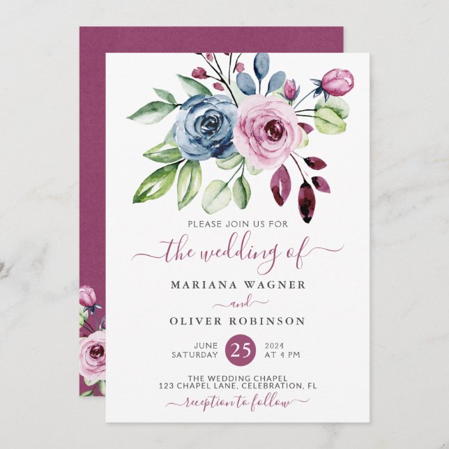 Convite Marinho Azul Vinho Aquarela Casamento Floral (Frente/Verso)