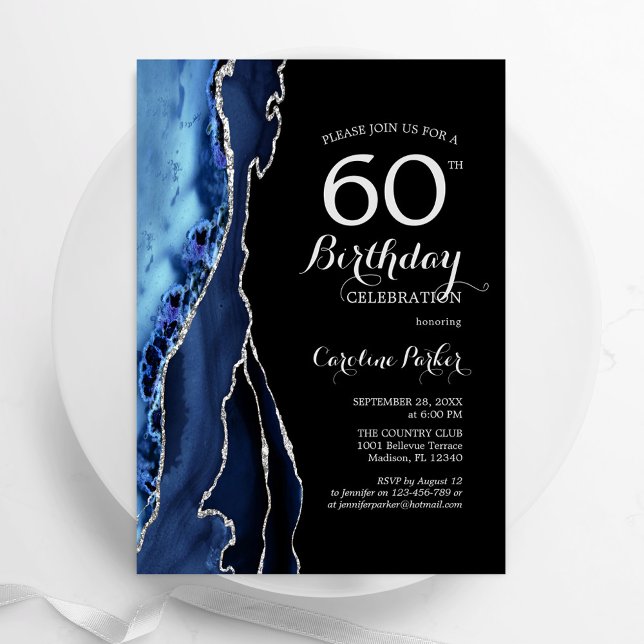 Convite Marinho Blue Agate Silver Black 60th Birthday (Criador carregado)