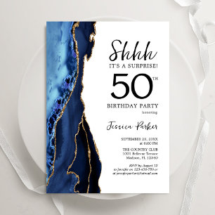 Convite Marinho Blue Agate White Dourado Surpresa 50º Aniv