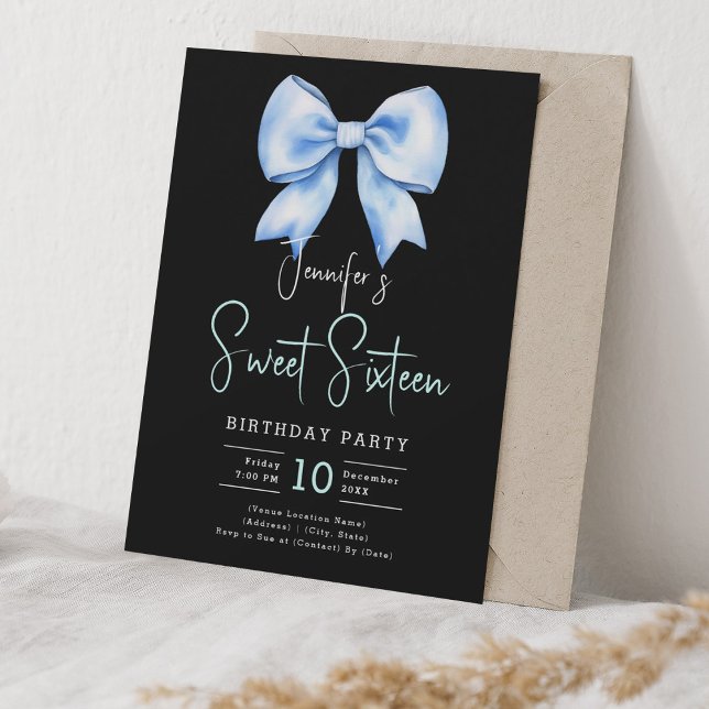 Convite Marinho Blue Arco Coquette Script Sweet 16 Black (Navy Blue Bow Coquette Script Sweet 16 Black Invitation)