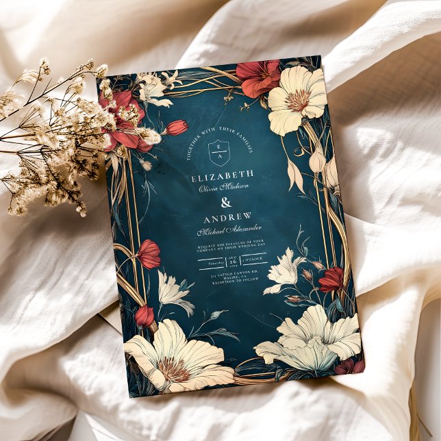 Convite Marinho Blue Art Nouveau Casamento (Criador carregado)