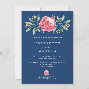 Convite Marinho Blue blush cor-de-rosa floral elegante cas