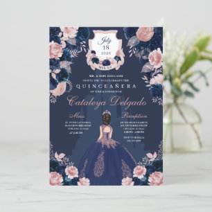 Convite Marinho Blue & Blush Pink Princess Castle Quinceañ
