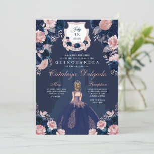 Convite Marinho Blue & Blush Pink Princess Castle Quinceañ