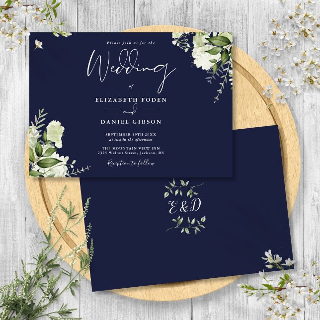 Convite Marinho Blue Botanical Greenery Monograma Casament (Navy Blue Botanical Greenery Monogram Wedding Invitation)