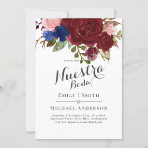 Convite Marinho Blue Burgundy Floral Nuestra Boda Espanhol