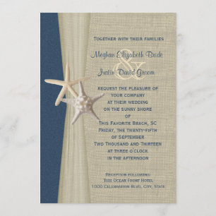 Convite Marinho Blue Burlap e Starfish Beach Weding