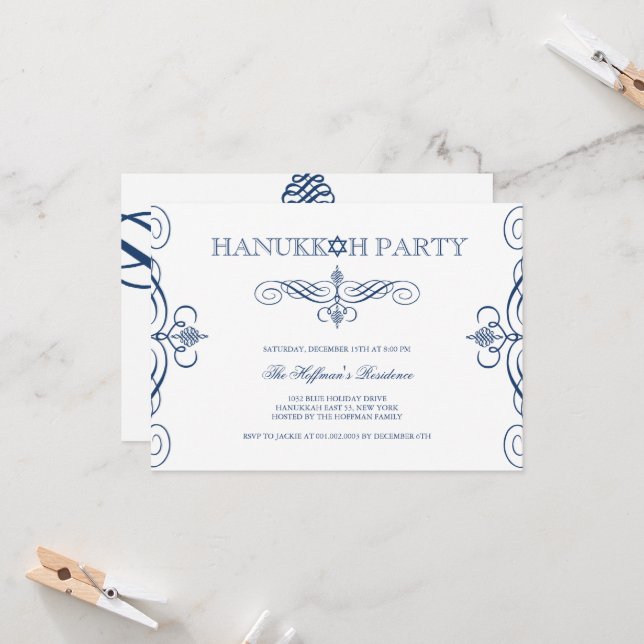 Convite Marinho Blue Classic Scrolls Hanukkah Holiday Part (Frente/Verso In Situ)