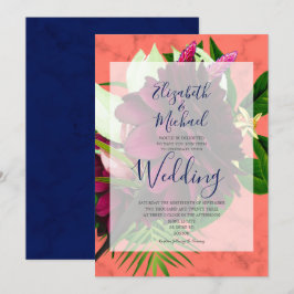 Convite Marinho Blue Coral Floral Elegante Moderno Casamen
