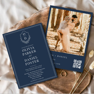 Convite Marinho Blue Crest Código QR Foto Elegante Casamen