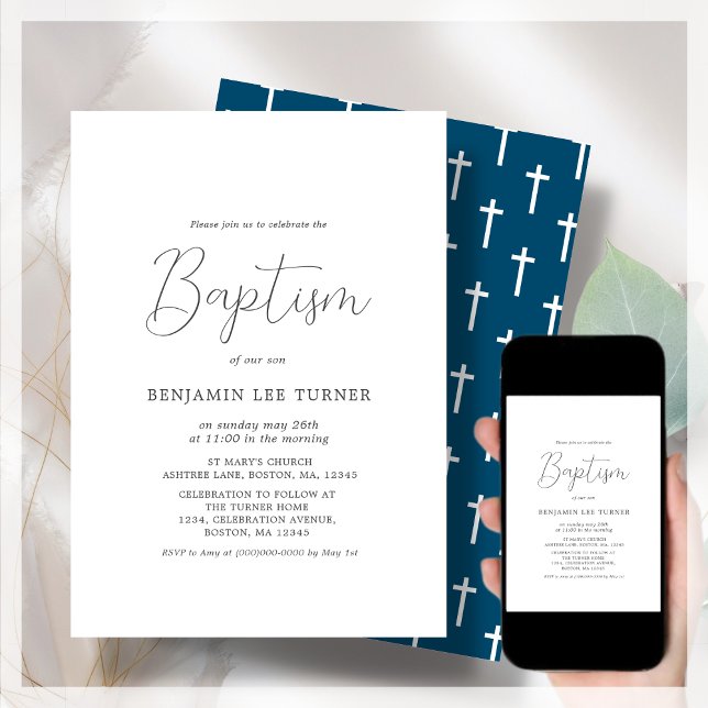 Convite Marinho Blue Cross | Batismo (Criador carregado)