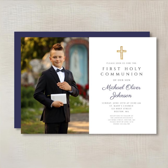 Convite Marinho Blue Cross Photo Boy First Communtion (Navy Blue Cross Photo Boy First Communion Invitation)