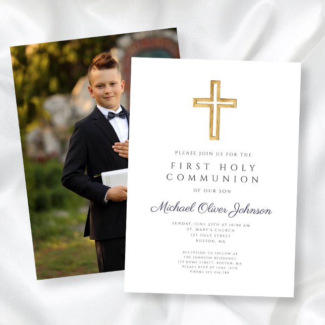 Convite Marinho Blue Cross Photo Boy First Communtion (Navy Blue Cross Photo Boy First Communion Invitation)