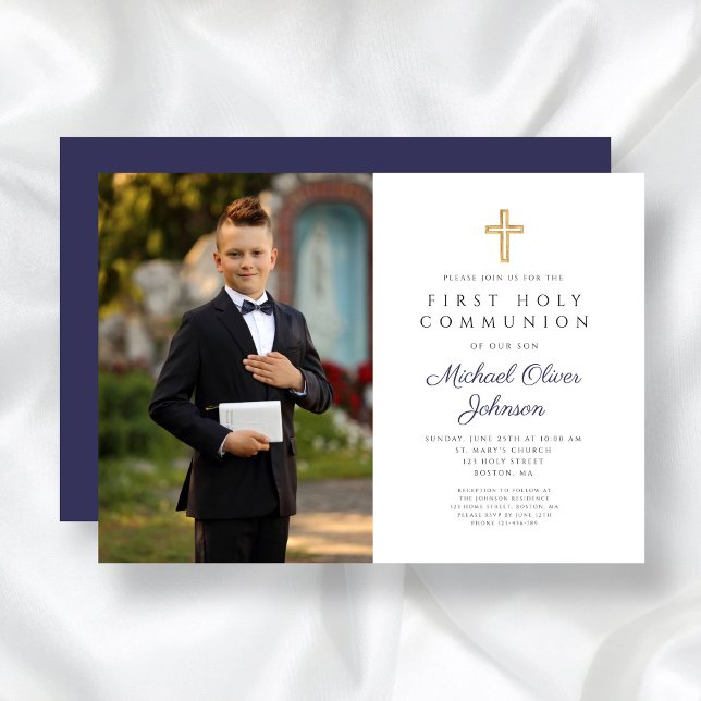 Convite Marinho Blue Cross Photo Boy First Communtion (Navy Blue Cross Photo Boy First Communion Invitation)