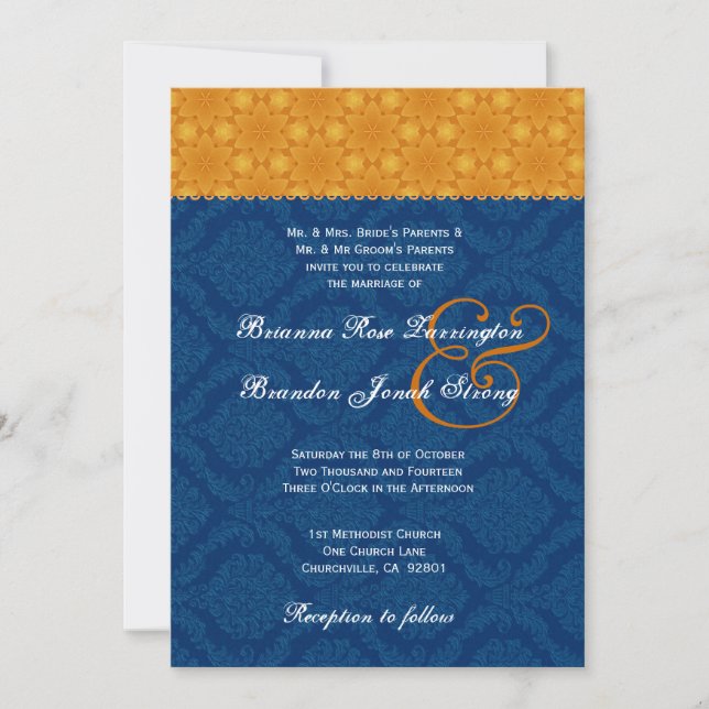 Convite Marinho Blue Damask and Dourado Stars Casamento S2 (Frente)
