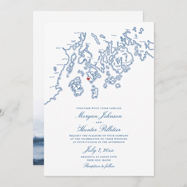 Convite Marinho Blue Deer Isle Maine Elegant Aragosta Wedd (Frente/Verso)