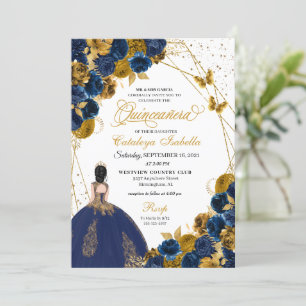 Convite Marinho Blue & Dourada Butterfly Princess Quincean