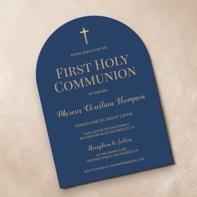 Convite Marinho Blue Dourado Cross Boy First Sagrado Arch  (Minimalist Navy blue and gold hue cross First communion arch card.)