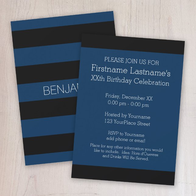 Convite Marinho Blue e Black Rugby Stripes com nome person (Black and navy blue rugby stripe birthday party invitation)