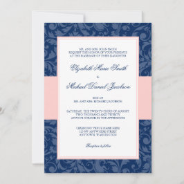 Convite Marinho Blue e Blush Pink Damask Swirl Casamento