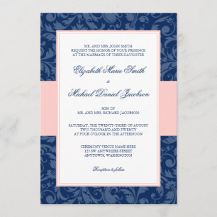 Convite Marinho Blue e Blush Pink Damask Swirl Casamento