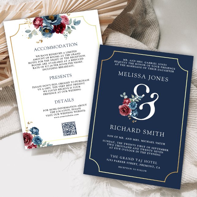 Convite Marinho Blue e Burgundy Floral Ampersand Wedding (Criador carregado)